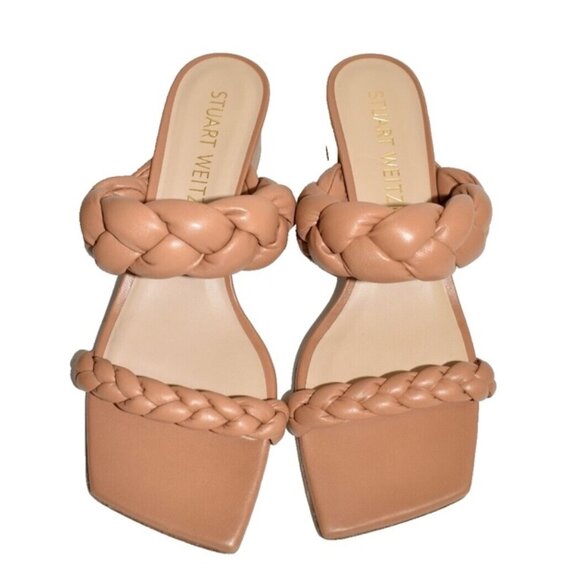 $500 Stuart Weitzman Playa Braided Block-heel Sandals Tan LEATHER 6.5 (DB12)